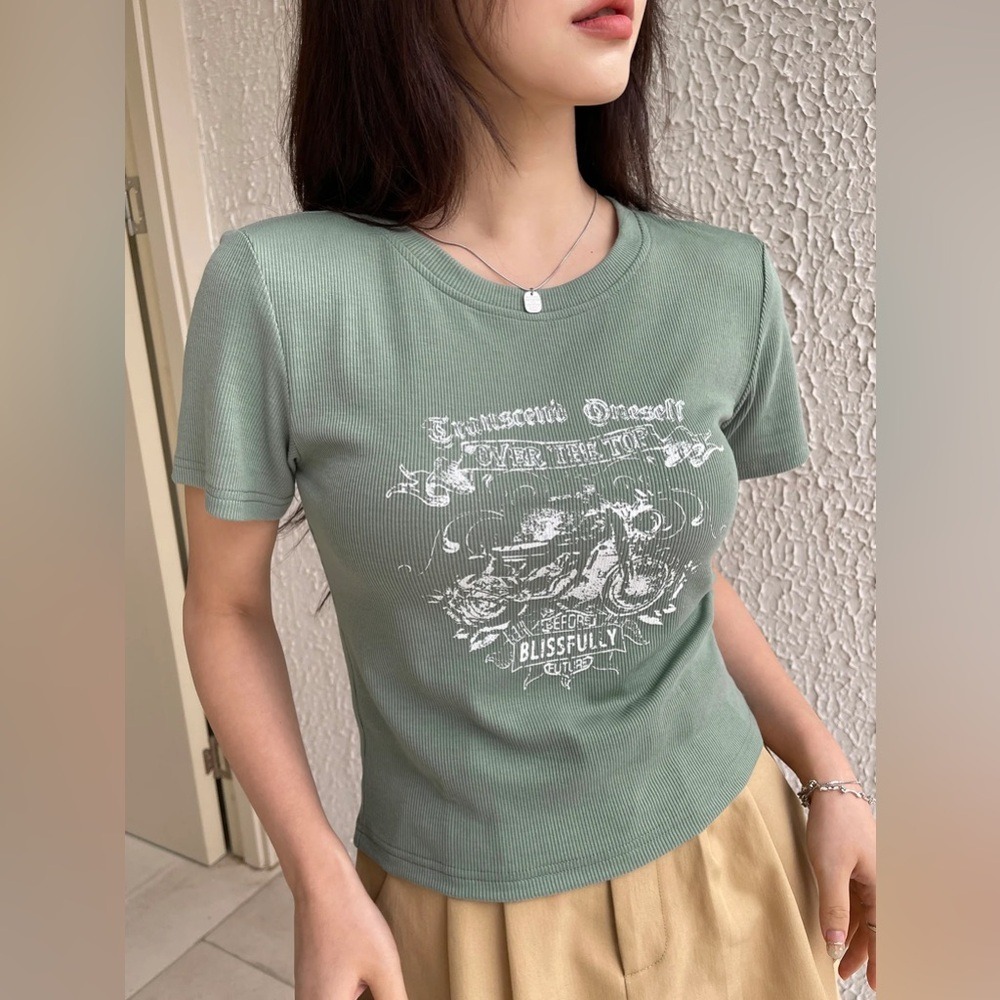 Dazy Sage Green Ribbed Graphic Tee Motorcycle Print Short Sleeve Top XL